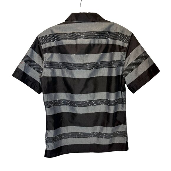 AllSaints Gabon Grey Black Stripe SS Shirt - Size S - Picture 3 of 6